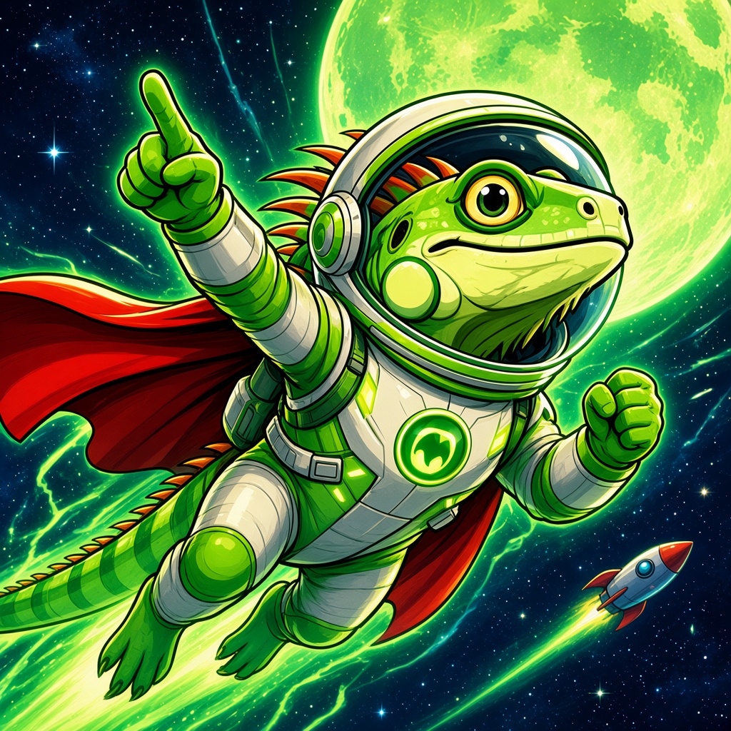 Super Iguana in a green astronaut suit pointing upward in space