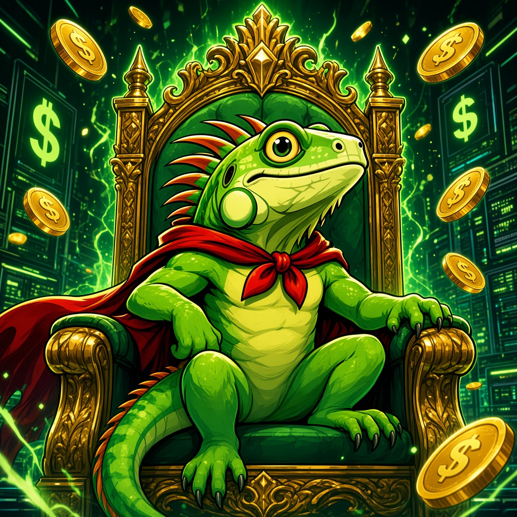 Super Iguana seated on a golden throne in a neon palace