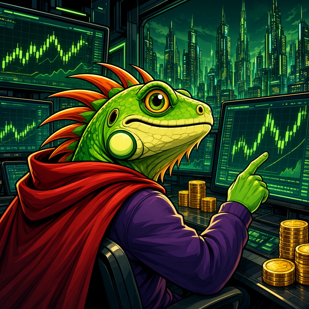 Super Iguana at a trading desk pointing at green charts
