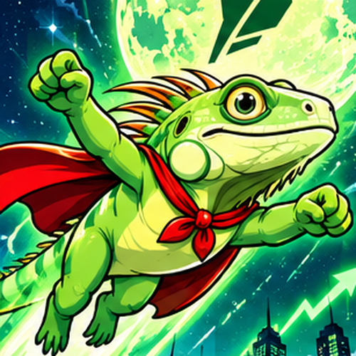 Super Iguana flying forward in a red cape, fist raised, against a green moon