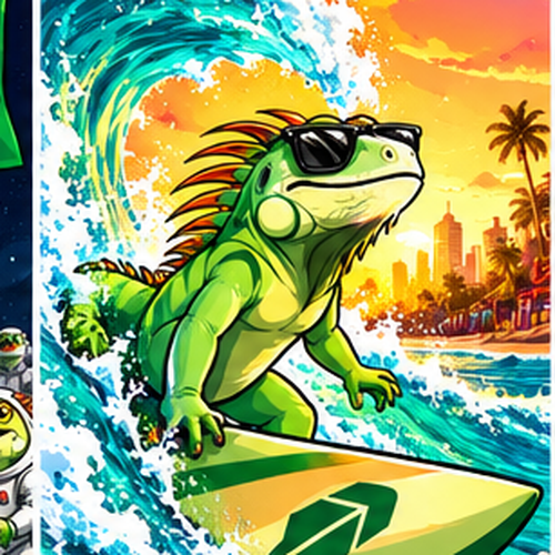 Super Iguana surfing a wave in sunglasses