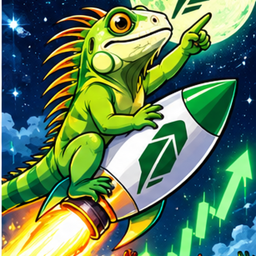 Super Iguana riding a rocket past a green moon