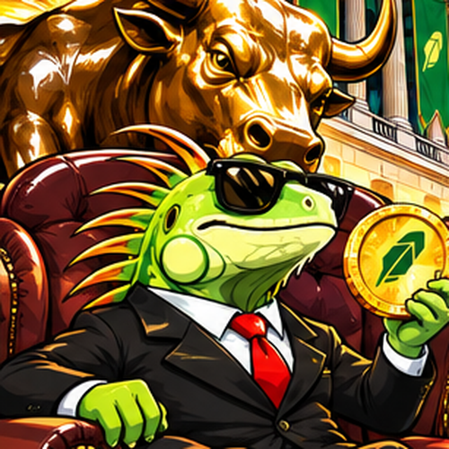 Super Iguana in a suit holding a gold coin in front of a golden bull