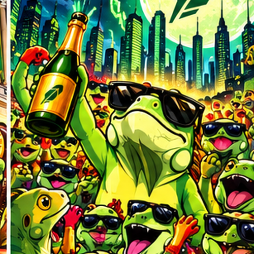 Super Iguana leading a cheering crowd of iguanas in a neon city